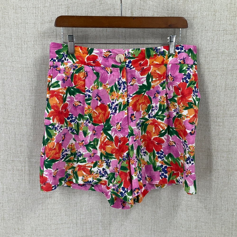 Zara Shorts Womens L Multicolor Floral High Rise Pleated Tropical Resort Coastal